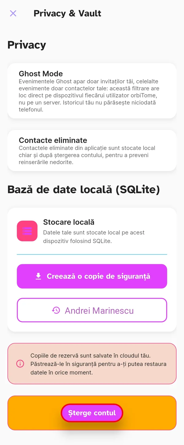 Setările Confidențialitate și Vault cu explicația contactelor șterse