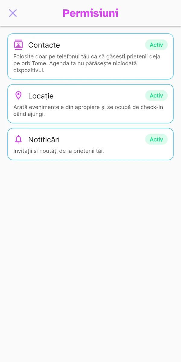 Ecranul permisiunilor aplicației cu starea fiecăreia