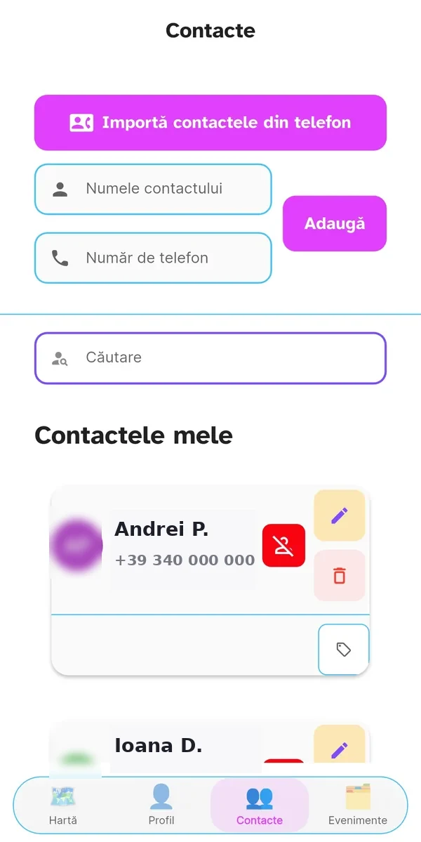 Pagina Agendă din orbiTome cu contactele importate
