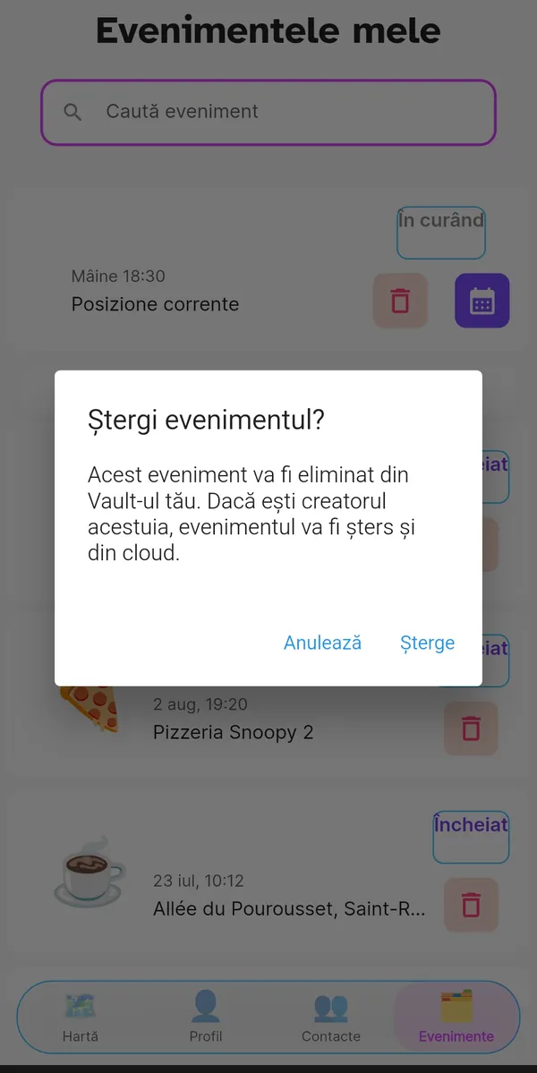 Confirmare înainte de ștergerea unui eveniment din arhivă