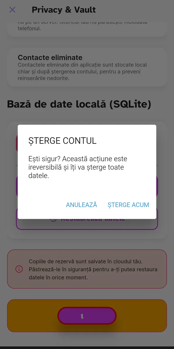 Confirmare înainte de ștergerea contului