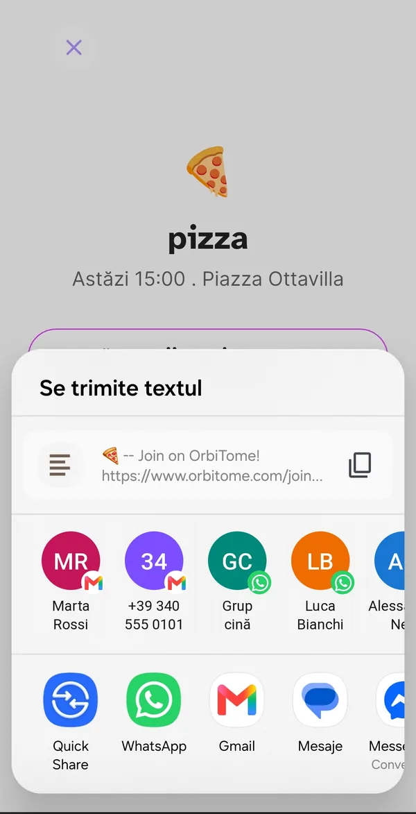 Foaia de trimitere a linkului evenimentului